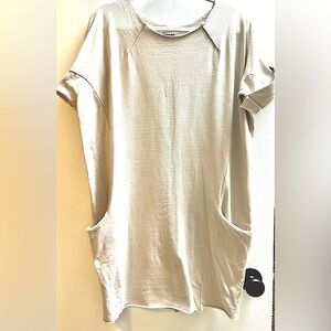 Retro Cotton Tunic Top Raw Edge Pockets Cream